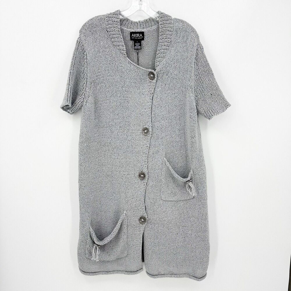 Akiraâ Art To Wear Womens Cardigan L Gray Knitwear Lagenlook Cozy Button Front